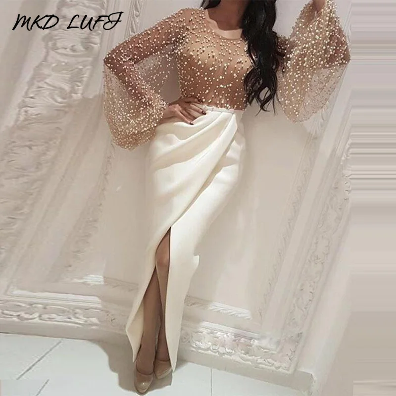 Украшенное бисером Сетчатое лоскутное длинное платье с разрезом женское