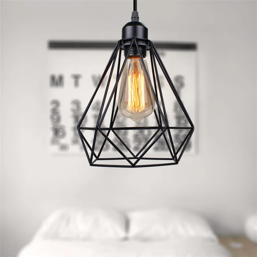 Lámpara colgante Vintage de hierro negro con forma de diamante, para techo, Loft, comedor, dormitorio, E27, accesorio de iluminación