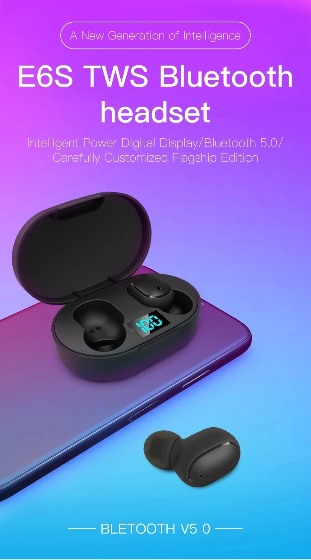

E6S Plus TWS Wireless Bluetooth Headsets Earphones Stereo Headphones Sport Noise Cancelling Mini Earbuds for All Smart Phone