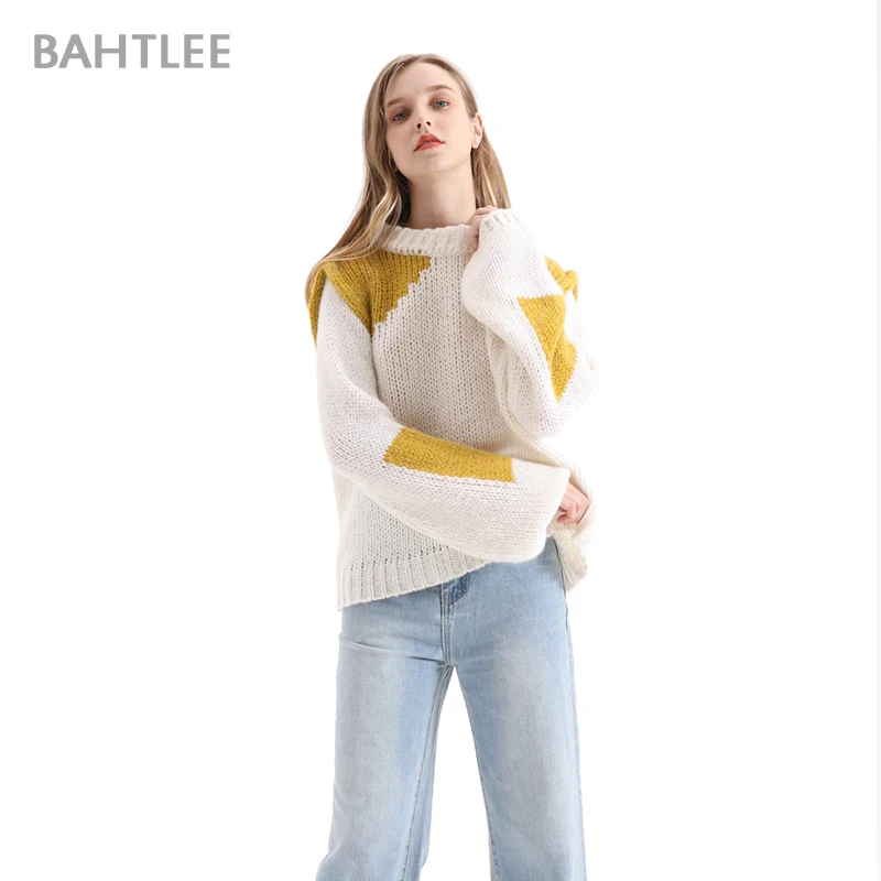 BAHTLEE Winter Women Mohair Thick Pullover O-Neck Sweater Long Lantern Sleeves Wool Color Matching Knitted Jumper Loose Style