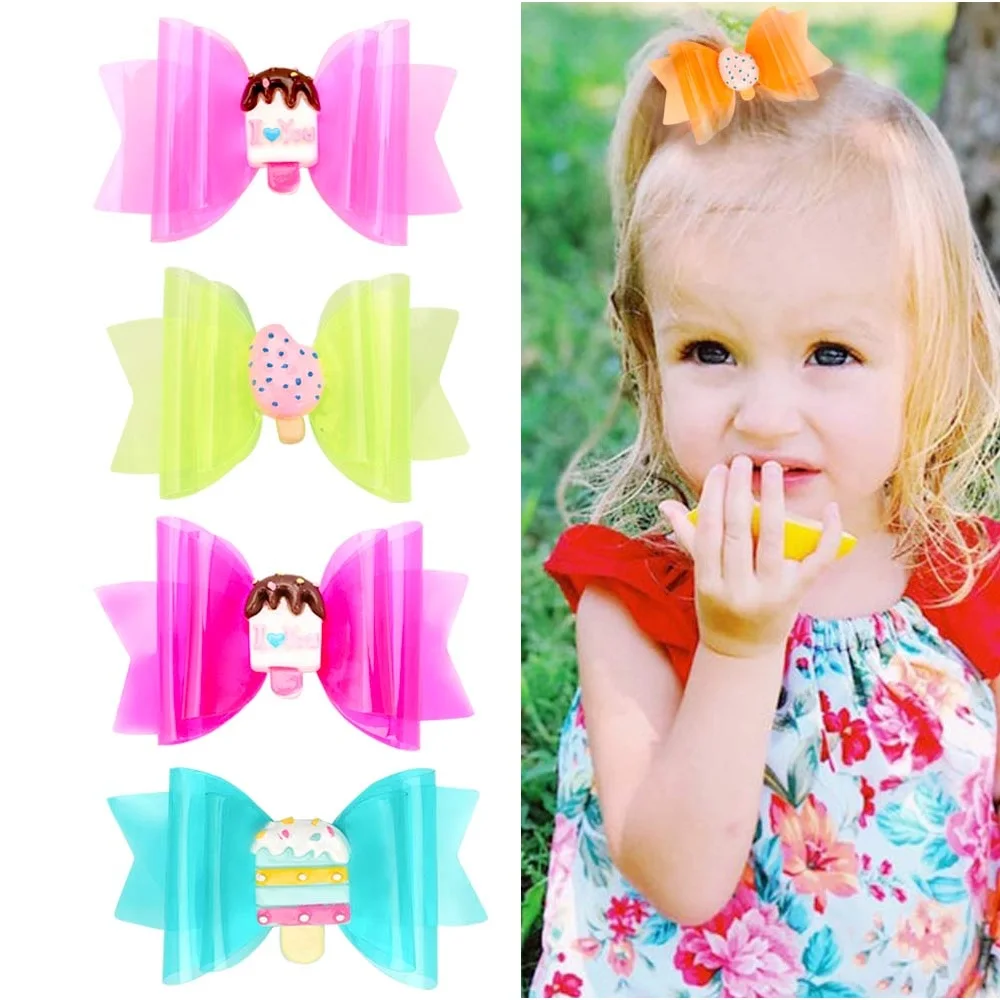 

ncmama 2Pcs/lot 3 inch Ice Cream Hair bow Jelly Bow Girls Hair Clip Waterproof Hair Bow Hairclips Swim Pool Hair Decoration