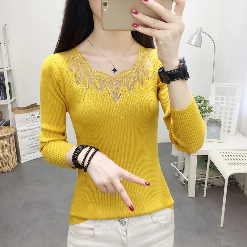 Sexy Lace V-neck Knit Sweater Female pullovers Tops Diamond Elastic Women 2020 Autumn Winter Fashion Jumper Pull Femme | Женская одежда