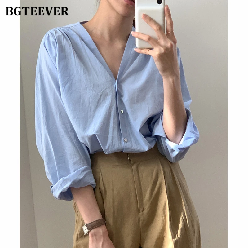

Женская однобортная блузка BGTEEVER Chic с V-образным вырезом, осень 2021, женские рубашки с длинным рукавом, повседневные женские топы, блузы