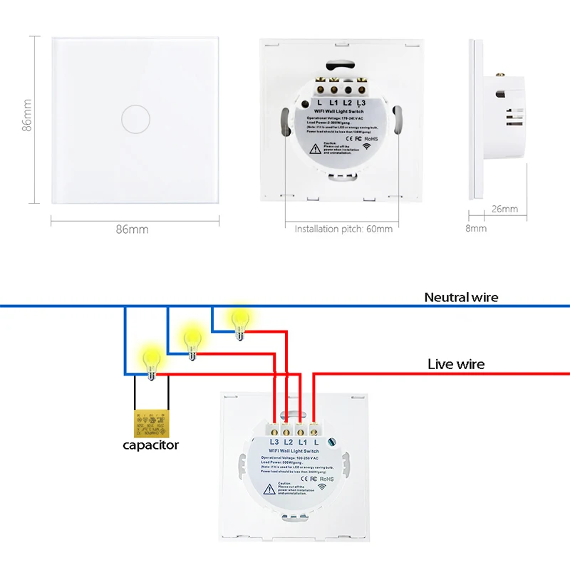 

No neutral wire Wifi smart touch switch EU/UK 1/2/3gang Tuya smart life Google Home Alexa voice control wireless wall switch