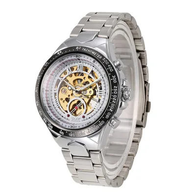 WhiteGold Модные мужские механические часы лучший бренд класса люкс каркасные часы с автоматическим подзаводом ремешок из нержавеющей стали светящиеся спортивные часы серебро - Цвет: WhiteGold