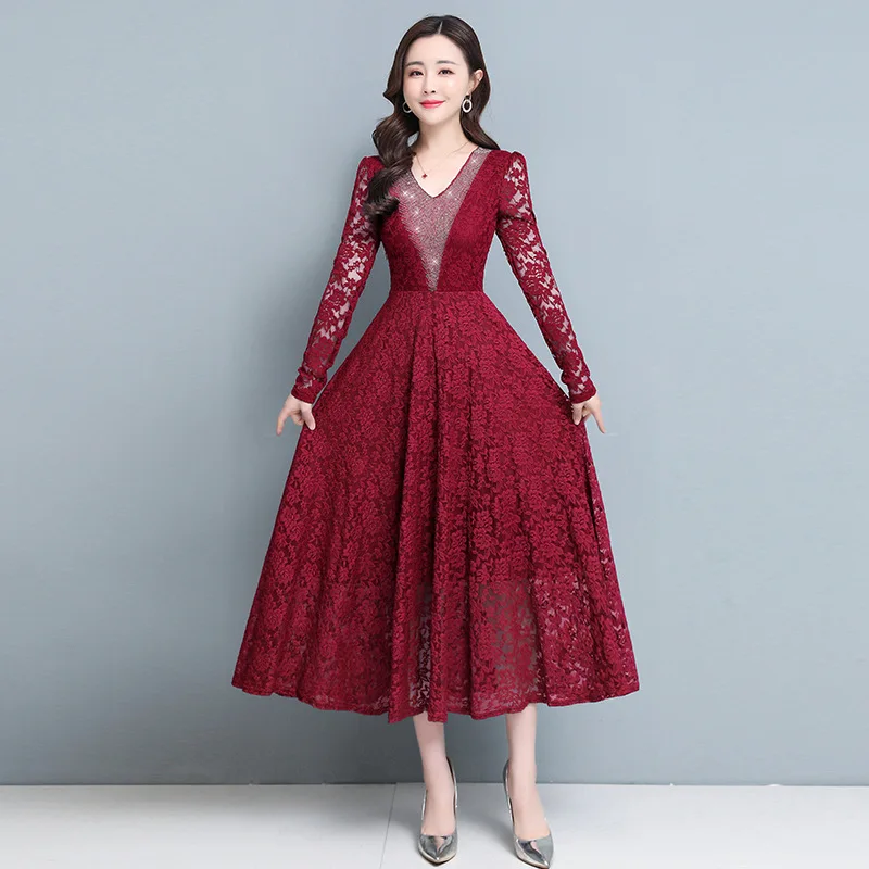 

Long-sleeved lady lace dress 2021 spring new Korean version of large size foreign style wide lady dress