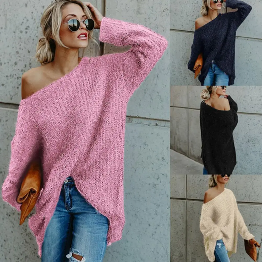 Женский свитер с косым воротником и открытыми плечами осенне-зимний вязаный