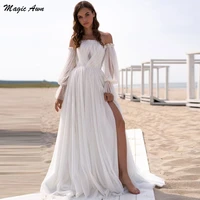 magic awn 2022 beach wedding dresses off the shoulder detachable puffy sleeves soft tulle boho bridal gowns side split simple