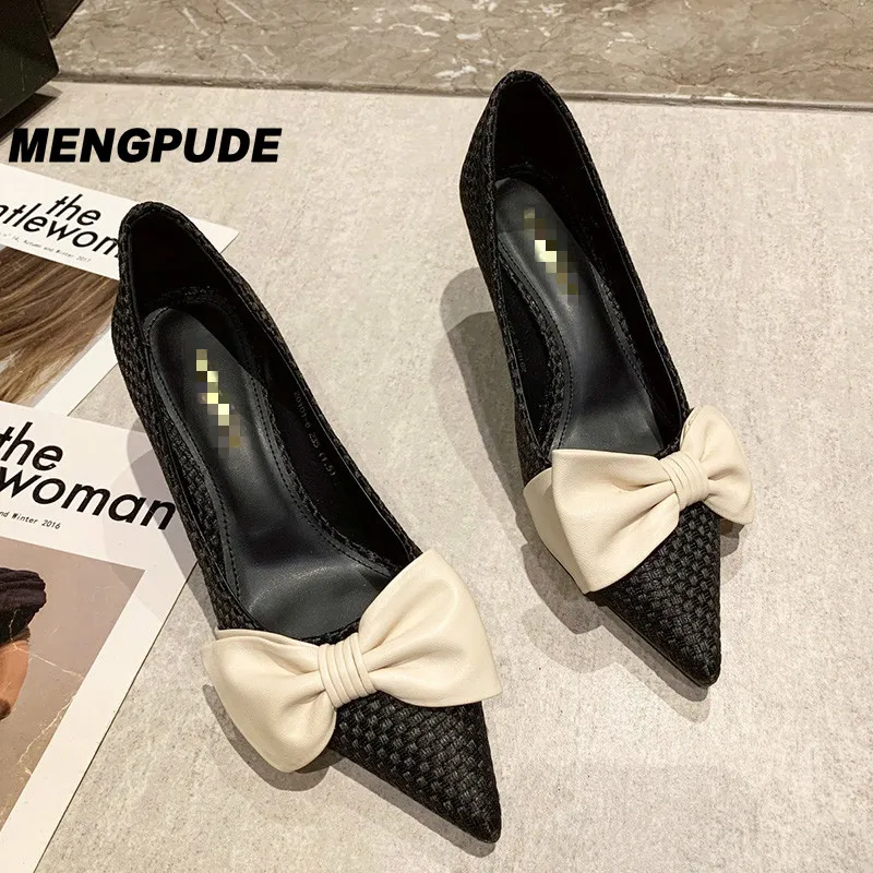 

MPD Women's Cute Sweet Bow Decoration Pointy Casual Shoes Fashion Joker Shallow Banquet Comfortable High Heels Women Shoes