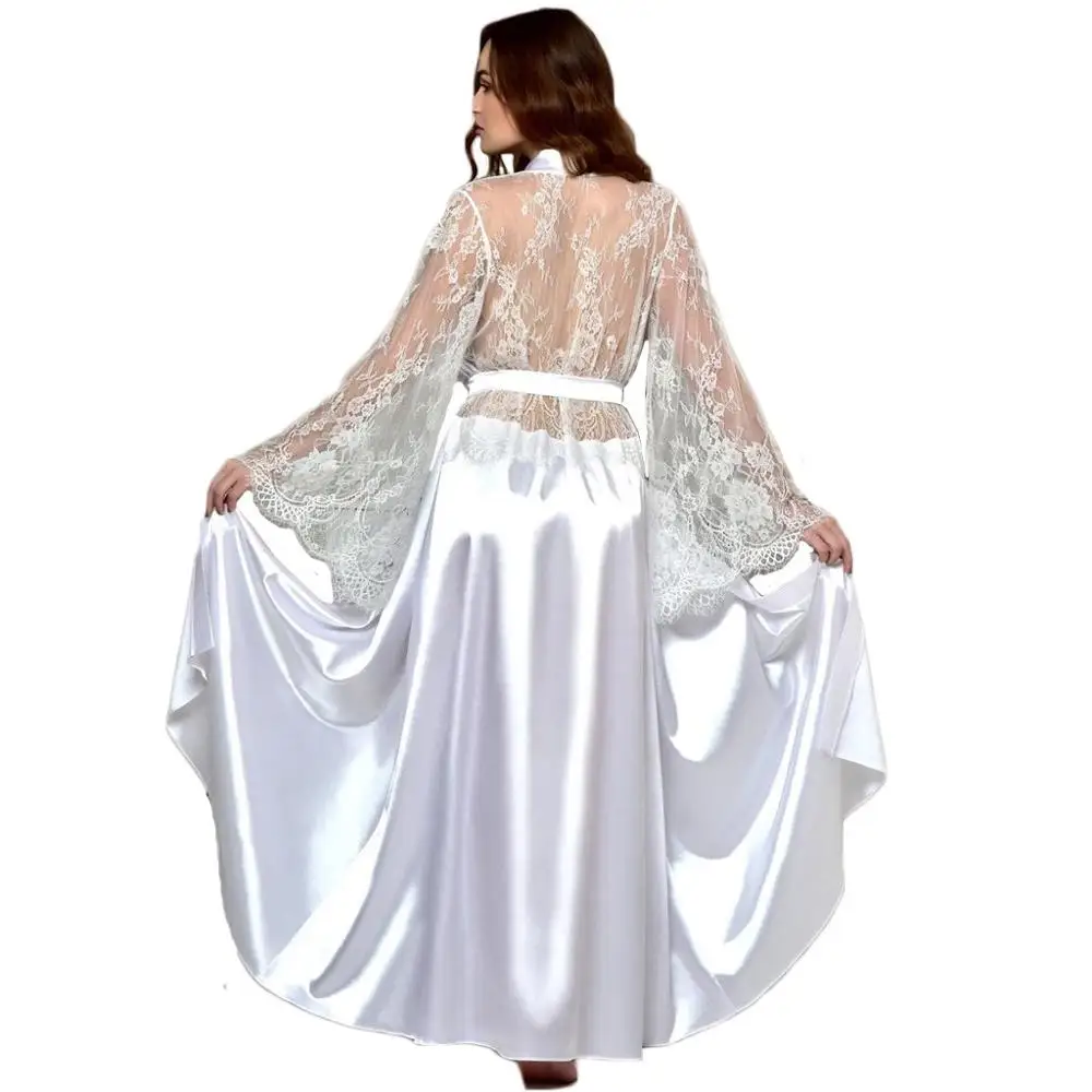 Серебристый Сексуальные кружевные женские халаты, пижамы peignoir femme шелковые, атласные, с кружевами нижнее белье пижамы кимоно длинный халат подружки невесты Gow халат атласный - Цвет: Серебристый