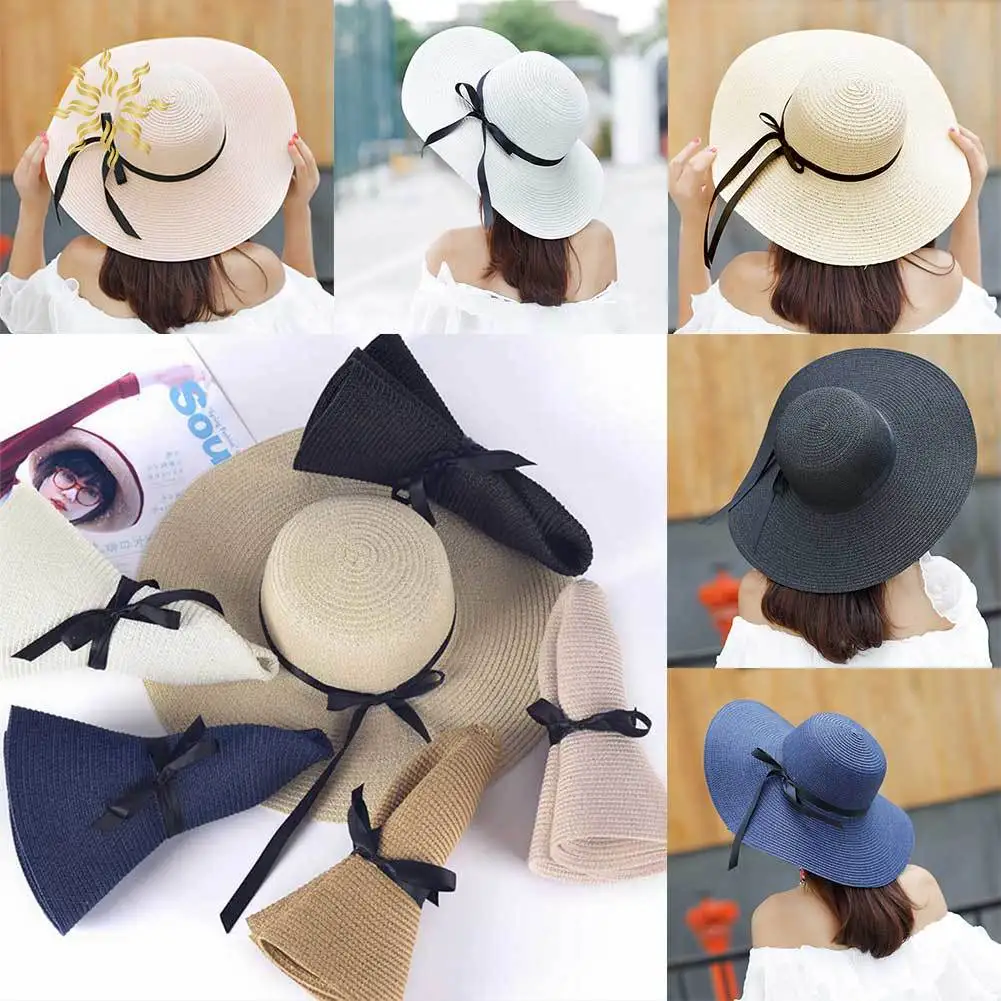 Летняя женская шляпа от солнца с большими широкими полями черная пляжная бантом