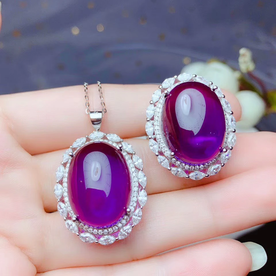 CHARMING BIG SIZE PURPLE AMETHYST RING AND NECKLACE JEWELRY SET WOMEN 925 SILVER NECKLACE BIRTHSTONE GOOD COLOR BIRTHDAY GIFT