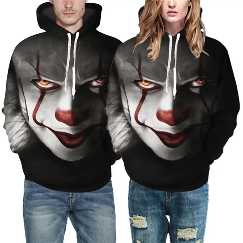

Autumn Halloween 3D Clown Printed Hoodie Long Sleeve Drawstring Pullover with Pocket Unisex Sweatshirt Hoodie