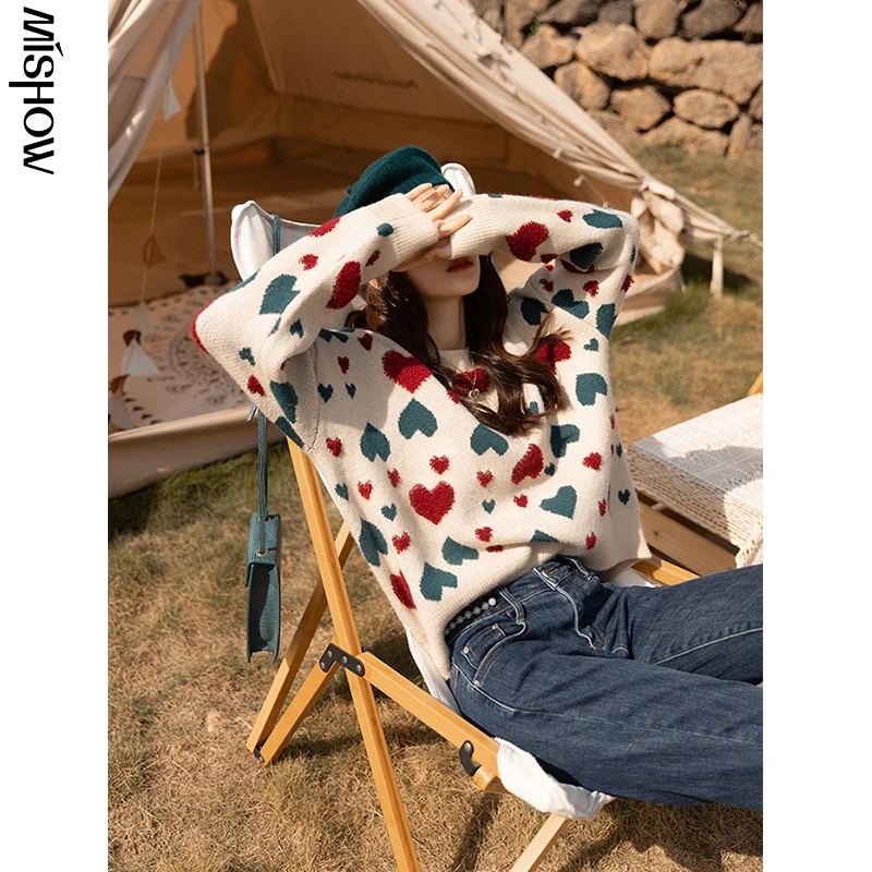 

MISHOW 2021 Winter Pullover For Women Casual Heart Printed Long Sleeve Comfortable Knitwear Outdoor Female Sweaters MXA42Z0190