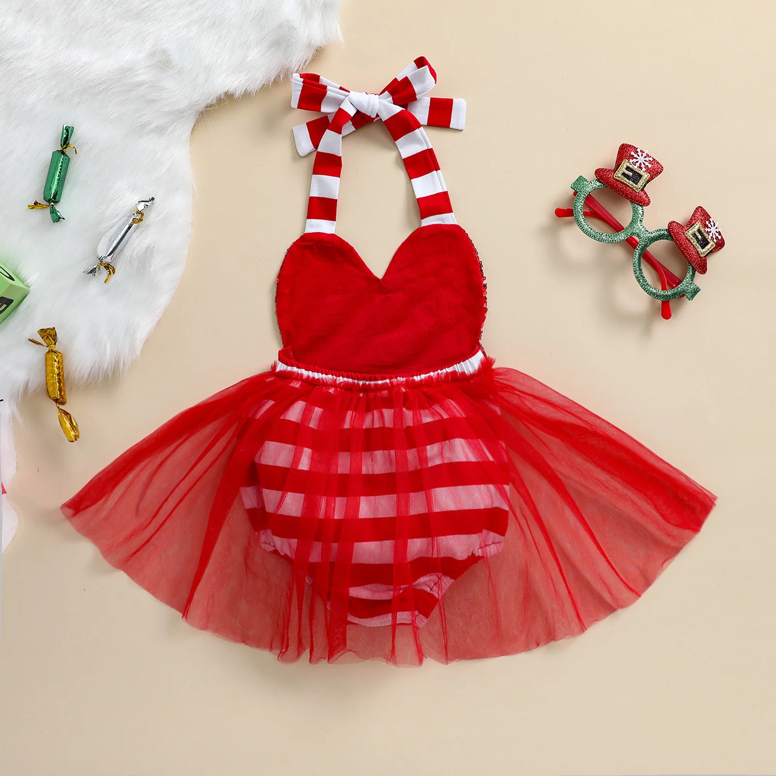 Летнее платье для девочек "Xmas Dress" с красными пайетками, полосатым поясом, принтом и безрукавное комбинезон из фатина для детей от 0 до 24 месяцев.