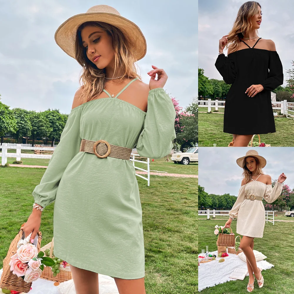 

Women's Dresses Off Shoulder Elegant Belted Halter Neck Black Cloth Female Sexy Spring Casual Lady Dresses