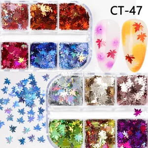 12 ячеекнабор Разноцветные рождественские кленовые листья Лазерная голографический блестящий для ногтей блестки акриловые блестки для ногтей Ломтики украшения DIY