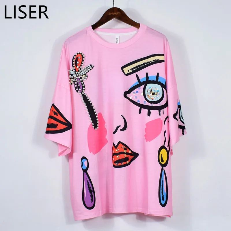 

Летняя модная женская футболка, свободная футболка большого размера с мультяшным принтом, новинка 2022, трендовая розовая Женская футболка с ...