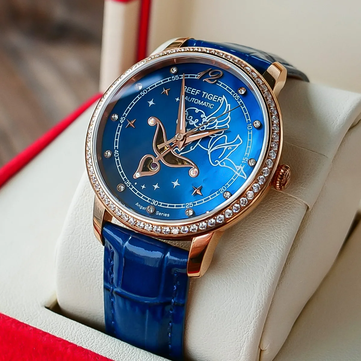 Reef Tiger/RT Blue Dial Watches for Women Diamonds Automatic Watch Leather Band Rose Gold Fashion Watches RGA1550 enlarge