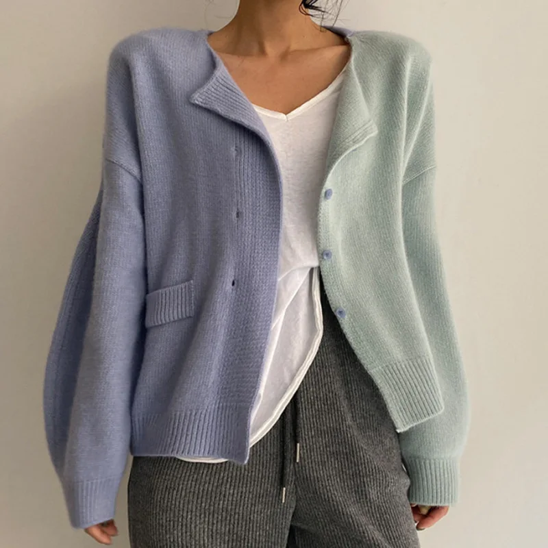 

4070 Korean Style Women Contrast Color Sweater Autumn Winter Unique Simple Casual Long Sleeves Knitting Cardigan Female Coats