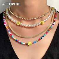 4 pcs multilayer smiley pearls rainbow beaded necklaces for women handmade string beads choker crystal tennis chain boho jewelry