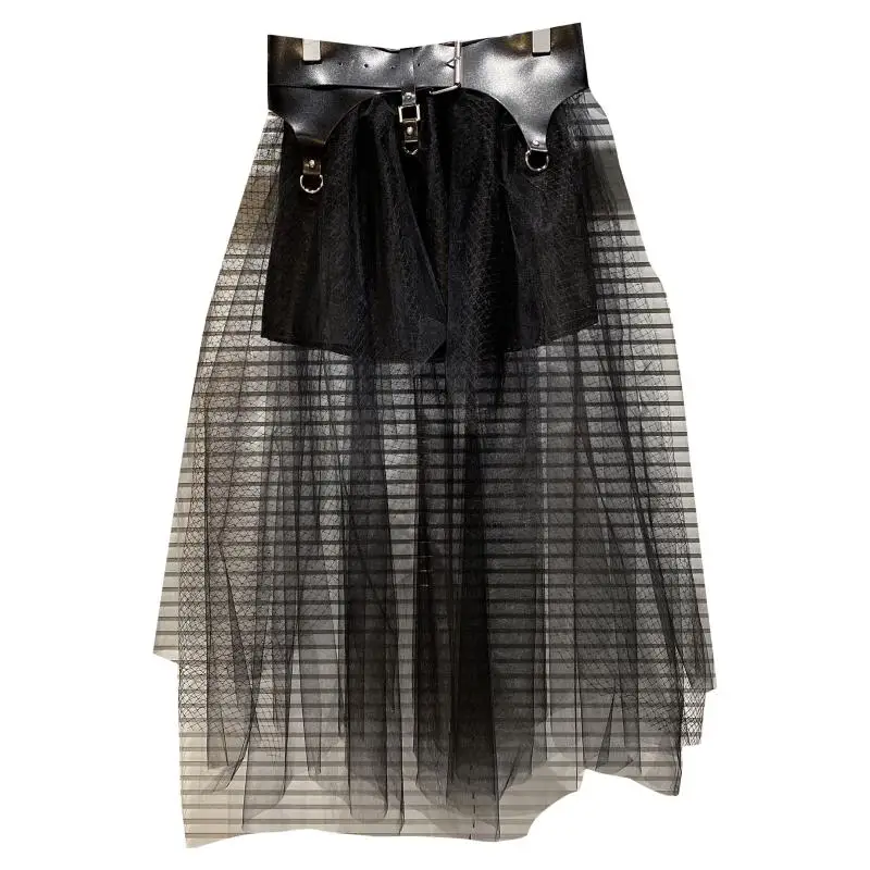 

Punk Mesh Leather Belt Princess Skirt In Dark 2021 Summer New Fashionable Long Skirts