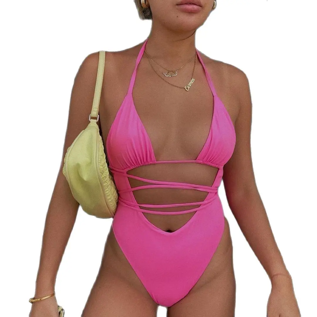 

Женский слитный купальник-бикини, однотонный пляжный купальник на бретельках