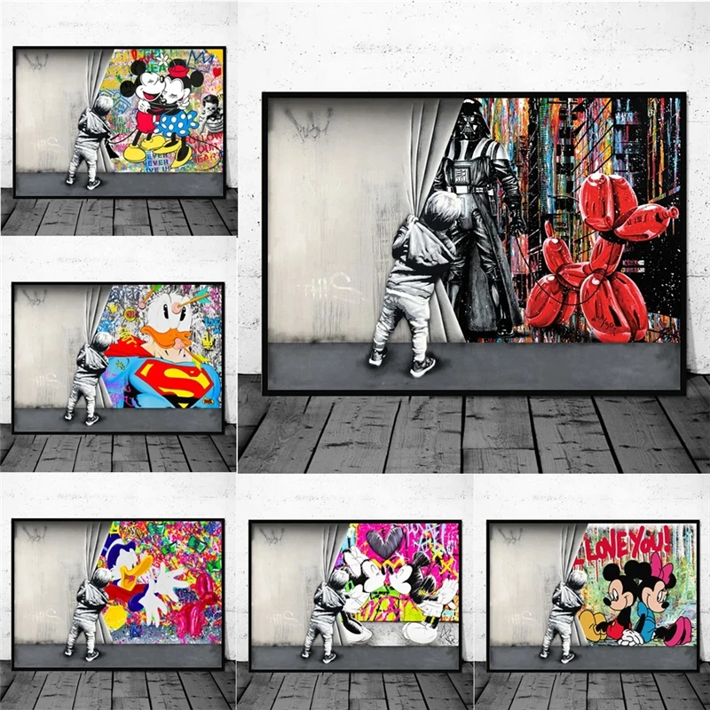 

Disney Mickey Love Child Behind the Curtain Canvas Paintings Banksy Street Graffiti Art Posters and Prints Donald Duck Cuadros
