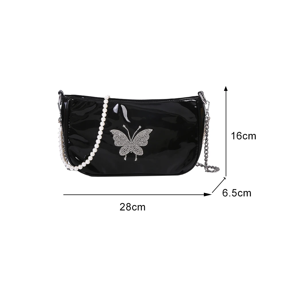 

Leather Shoulder Bag Butterfly Pearl Underarm Fashion Women Rhinestone Handbag for Outdoor Shopping Traveling Decoration