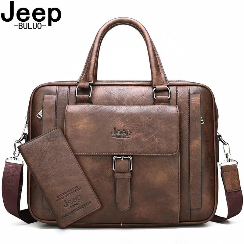 Мужской деловой портфель JEEP BULUO Черный дорожный из спилковой кожи для ноутбука 15