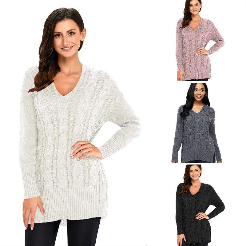 

New Fashion Solid Color V-Neck Women's Sweater Twist Lazy Style Loose Thickening Ladies Sweater Knit Sweater