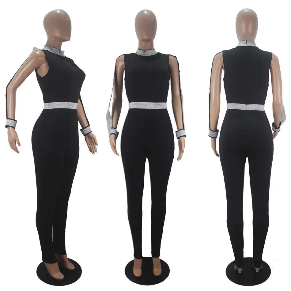 

Women Jumpsuit Sliver Striped Splicing Cut Out Sleeve Bodycon Jumpsuit Sexy Club Party One Piece Overalls High Streetwear Romper