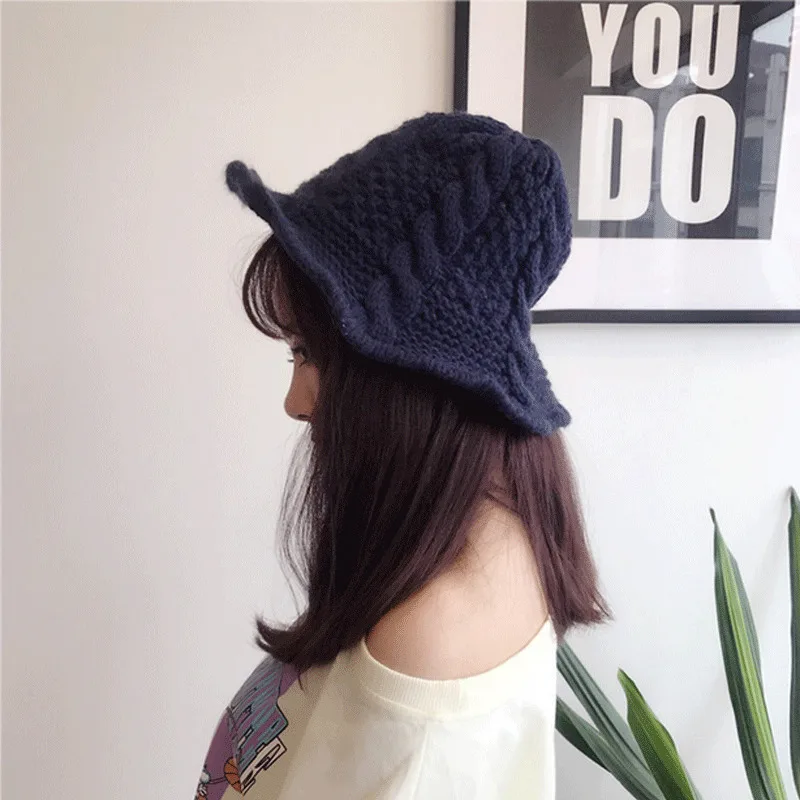 Осенне-зимние модные повседневные женские вязаные шапки-ведерки однотонные