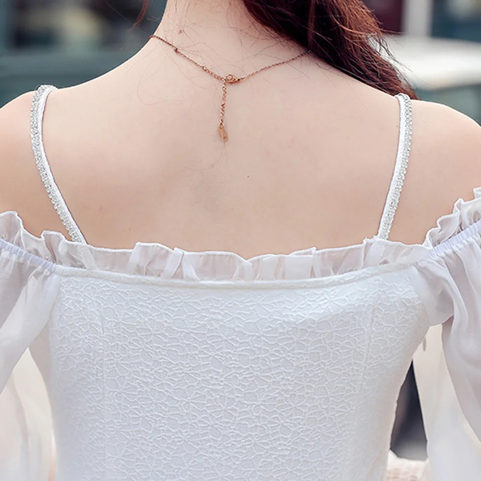 

White Elegant Office Dress 2020 Autumn Simple Slash Neck Ruffles Lantern Sleeve Comfortable Temperament Party Dress Women