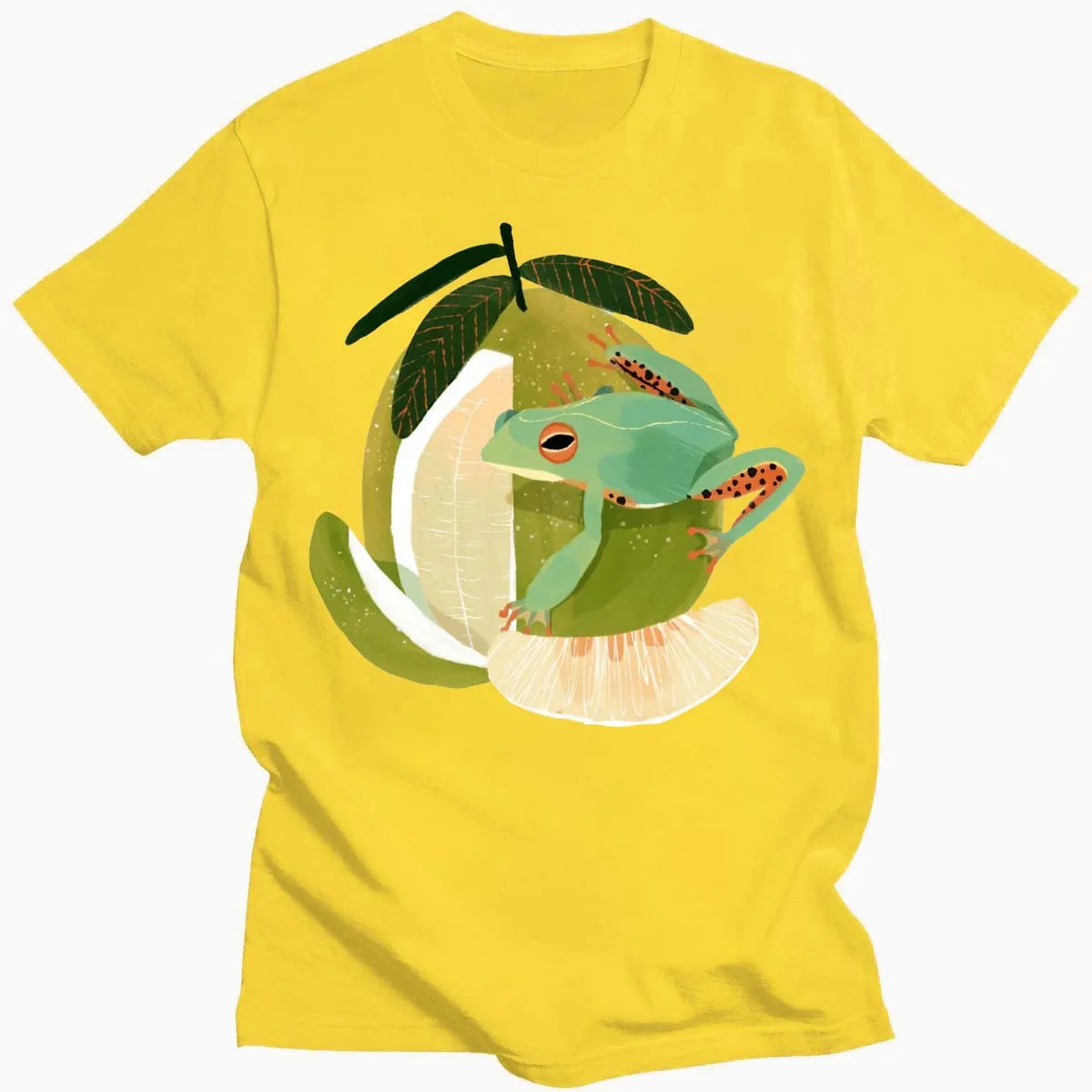 

Cute Frog Playing On Grapefruit Funny Harajuku Unisex T-Shirt 14 Colors Pure Cotton Large Size Round Neck Loose Short Sleeves