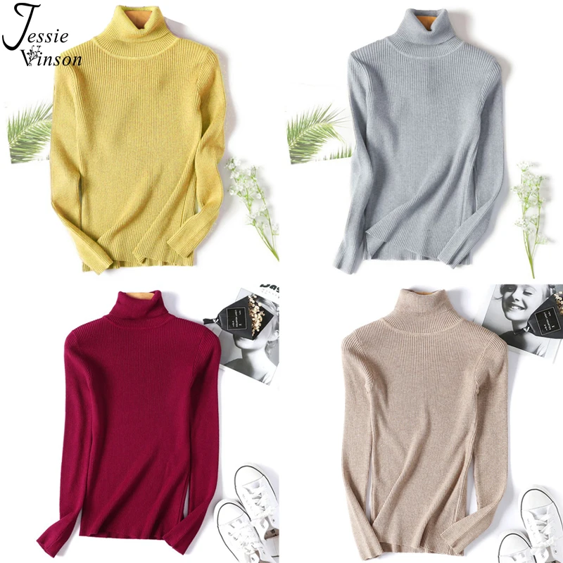 Jessie Vinson Turtleneck Solid Ribbed Sweater Women Korean Style Pullover Jumper Autumn Winter Basic Knitted Tops | Женская одежда