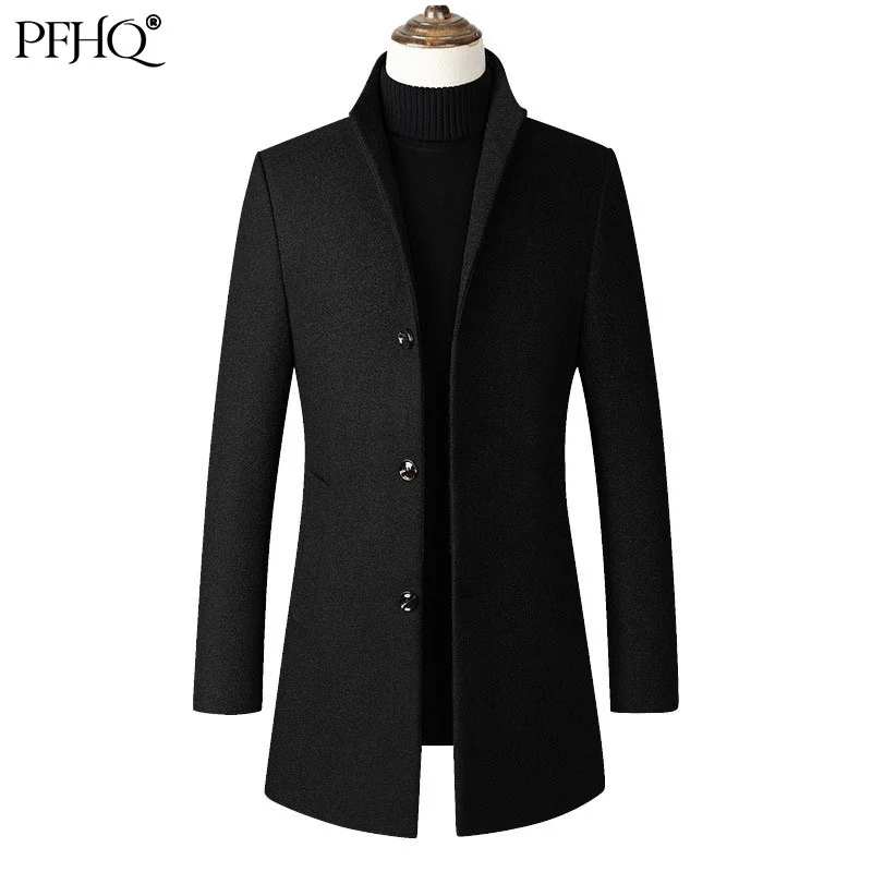 

PFHQ 2021 New Men's Fashion Loose Solid Color Stand Collar Single breasted Mid-length Woolen Trench Coat Autumn Winter 21E4232