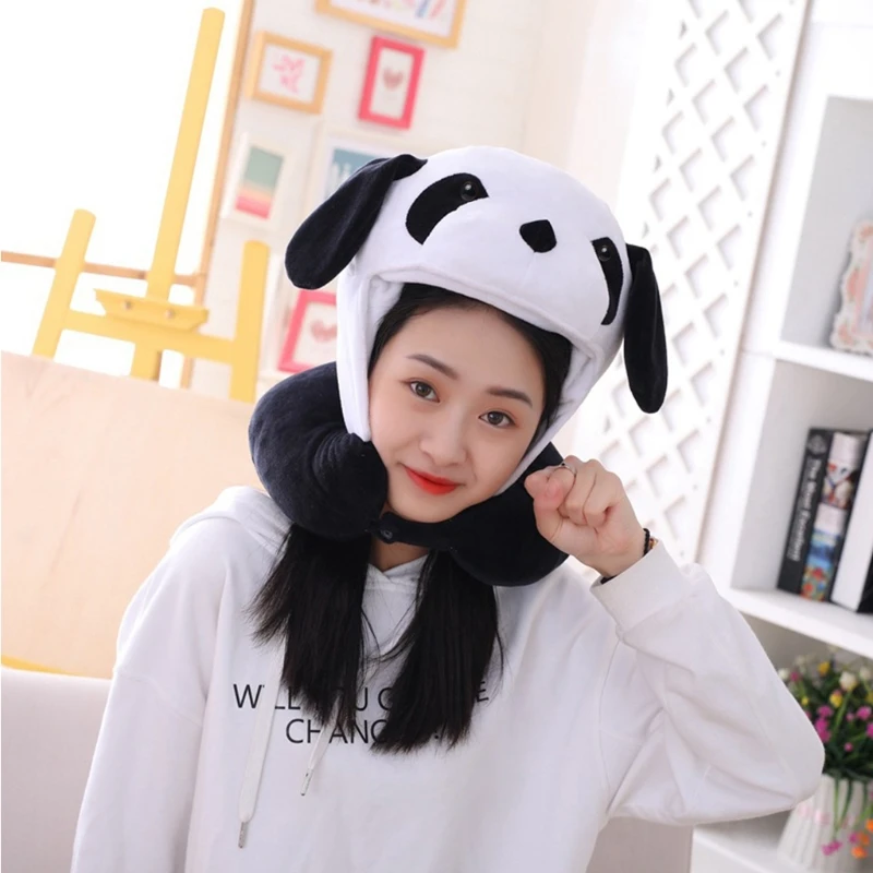 

2 In 1 U Shaped Neck Pillow with Cartoon Panda Plush Hat Stuffed Hooded Cushion