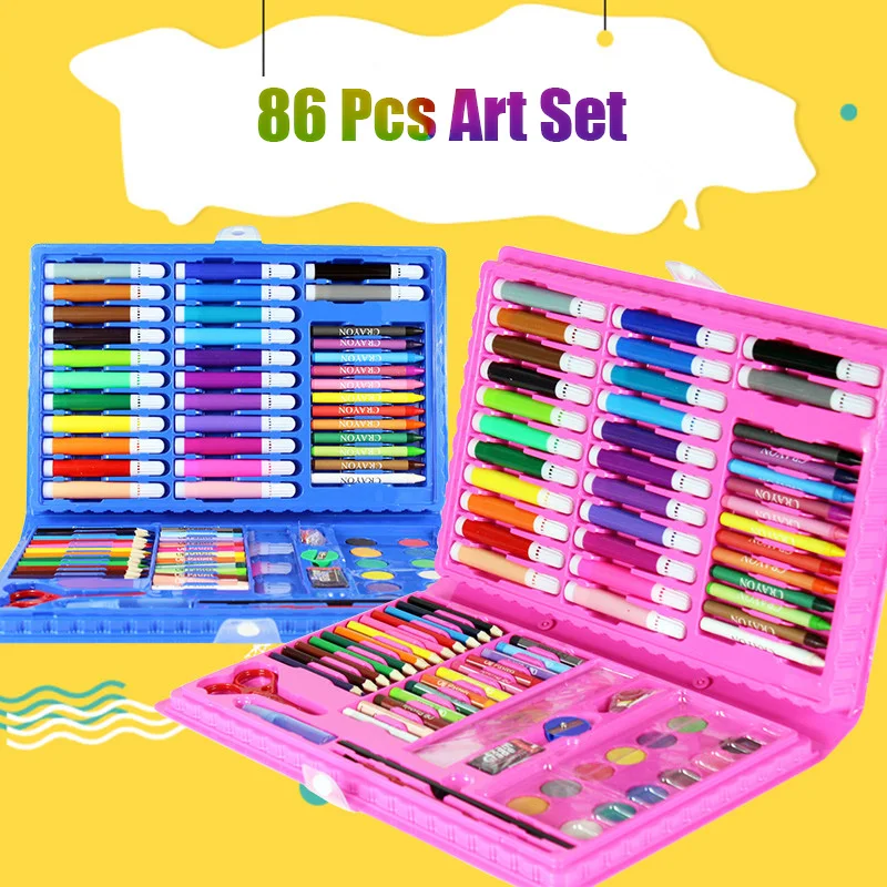 86 шт. Набор для рисования с акварелью кисть карандаши масляные пастельные