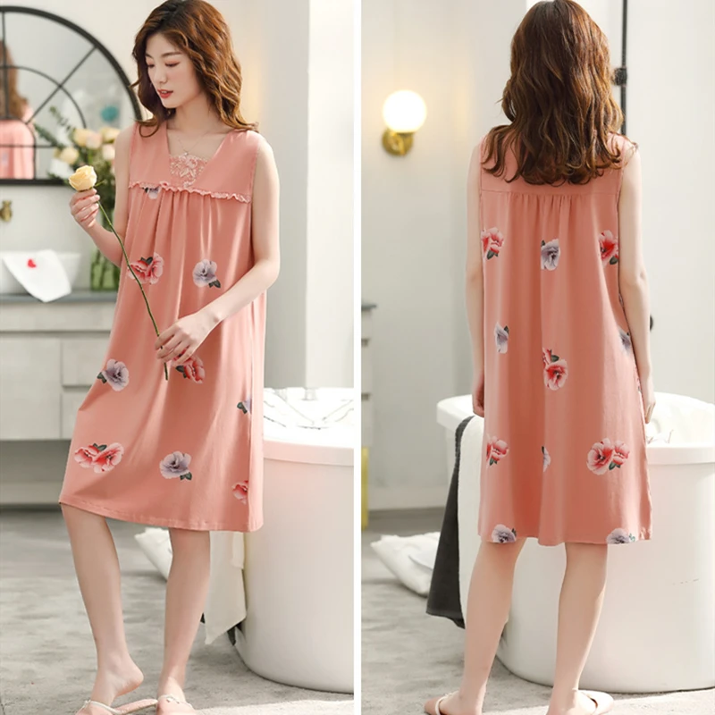 

Summer Nightdress Female Modal Sleeveless Mid Skirt Sexy Lady Skirt Embroidered Square Collar Ladies Home Skirt