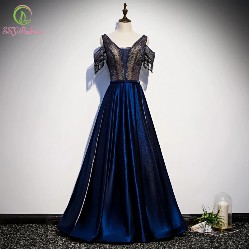 Женское вечернее платье SSYFashion Элегантное синее атласное с v образным вырезом и