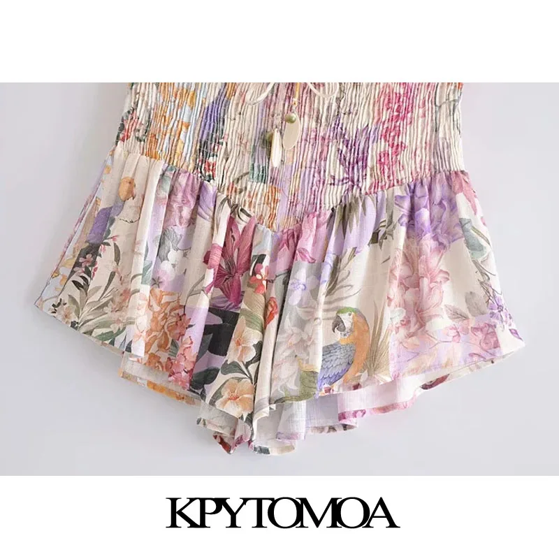 

KPYTOMOA Women 2021 Chic Fashion Floral Print Smocked Shorts Vintage High Elastic Waist With Drawstring Female Short Pants Mujer