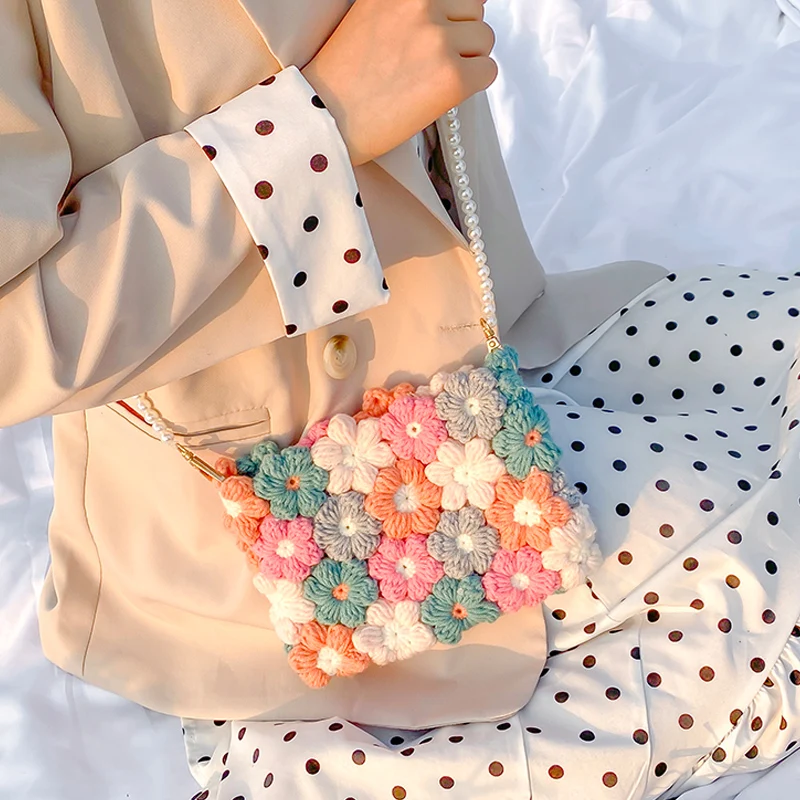 Женская сумка 2020 цветок жемчужная цепочка ручная плетеная шерстяная вязаная