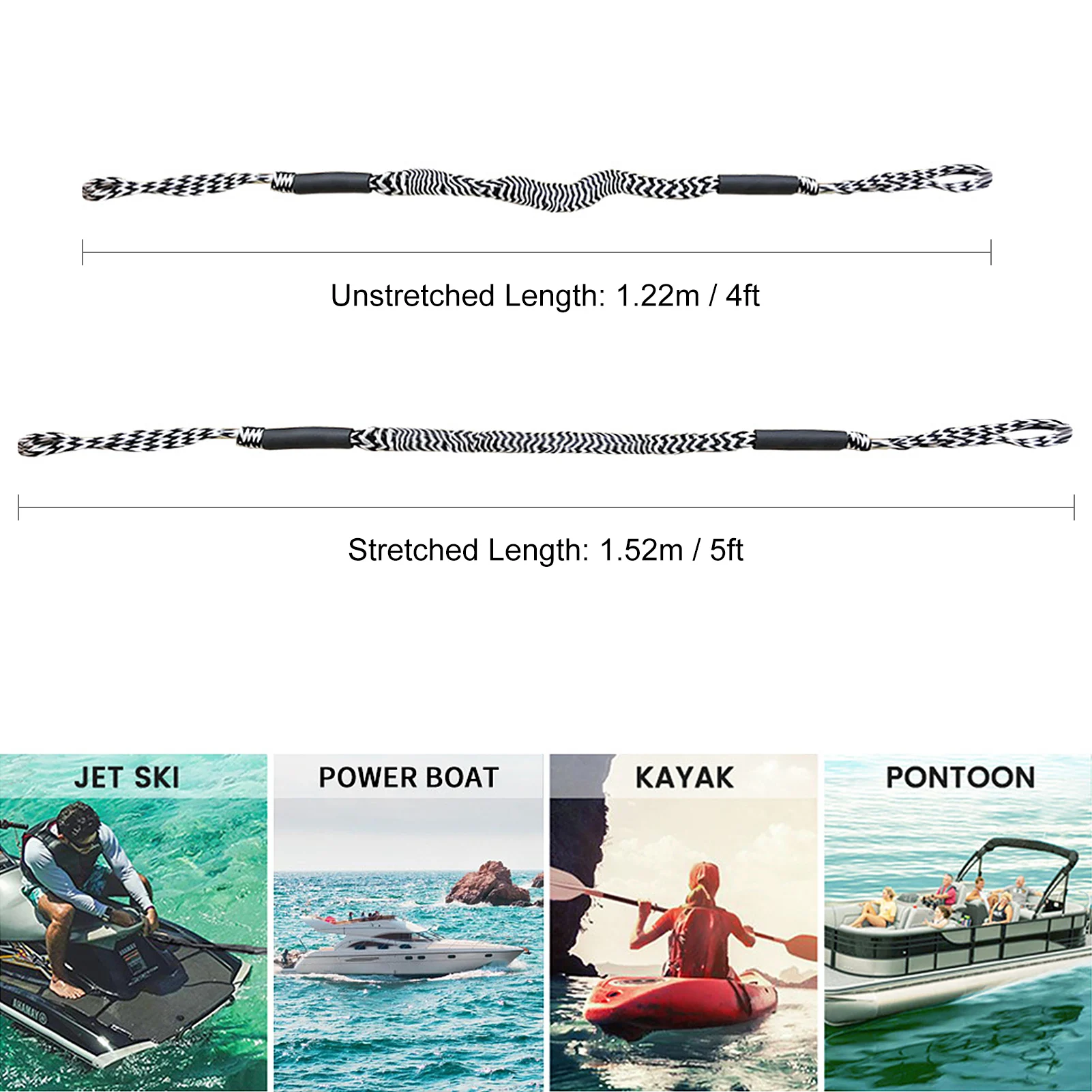 

Bungee Boat Dock Line 5ft Stretched Length PP Docking Lines Mooring Rope Boat Accessories for Boat Kayak Canoe