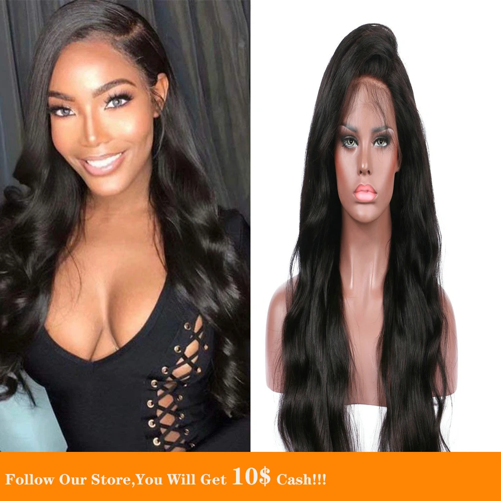 Черный 13x4 парик из человеческих волос с фронтальным кружевом длинная волна воды