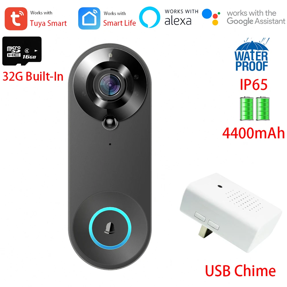 Tuya IP65 1080P Smart WiFi Video Doorbell Camera Alexa Google 4400mAh Rechargeable Battery Built-In with USB Chime 32G Card