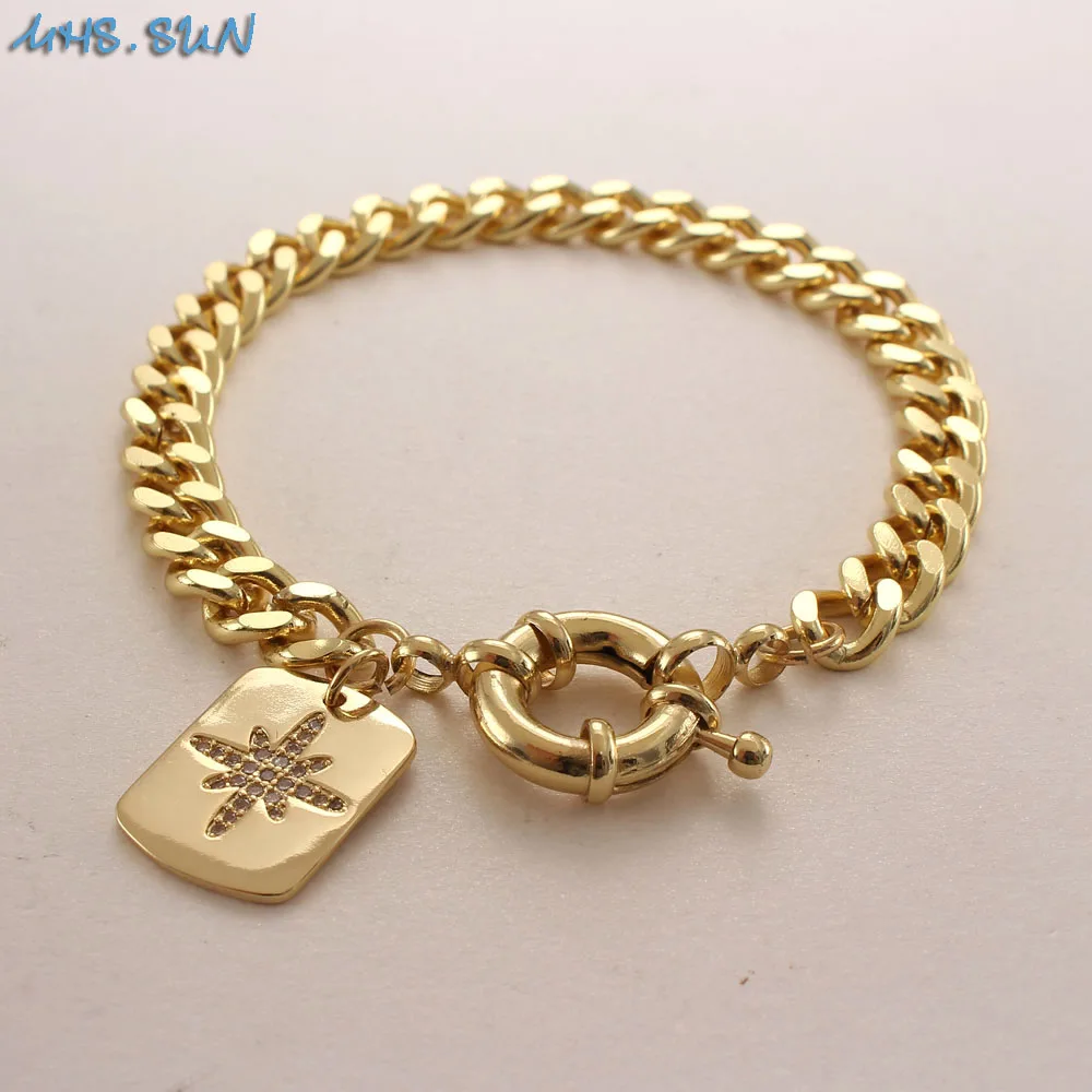 

MHS.SUN 1PC New Shield/Star/Heart Charm Lucky Bracelet AAA Zircon Pendant Chunky Chain Bracele For Women/Men Hiphop Jewelry Gift