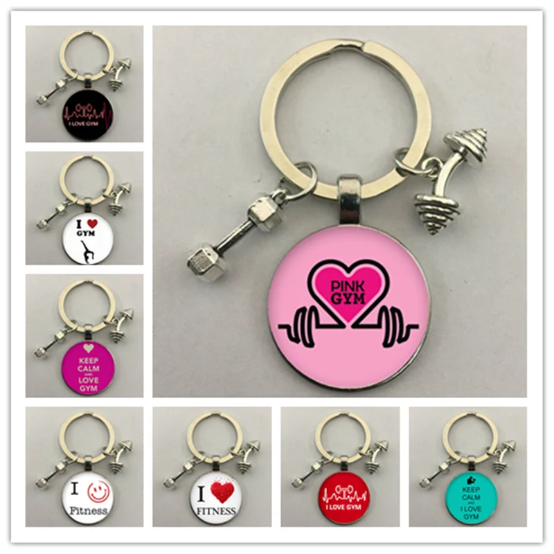 Fashion hot sale I love fitness gym image glass keychain DIY handmade sports lover gift | Key Chains