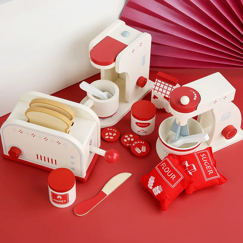 

QWZ Wooden Kitchen Pretend Play Toys Sets Pretend Toasters Bread Maker Coffee Machine Game Kid Educational Toy
