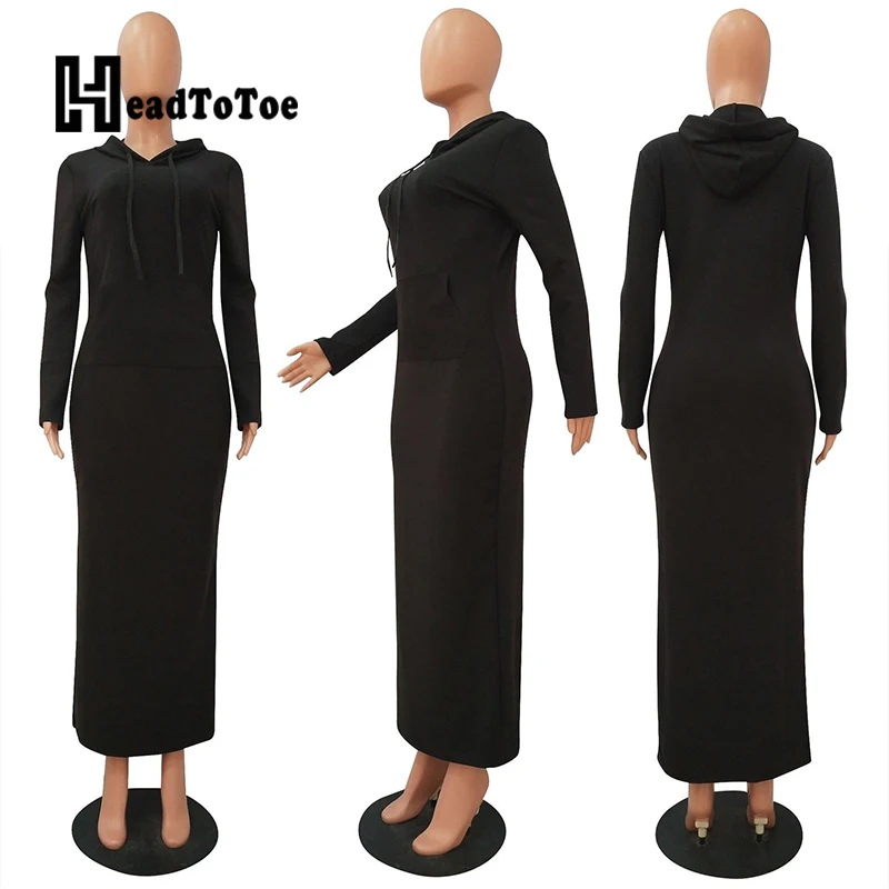 

Solid Ribbed Pocket Casual Hooded Dresses for Women Long Sleeve Ankle Length Slim Long Dress